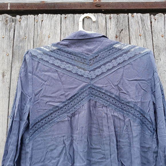 Free People Sz Small Wild Wing Blue Lace Button Front Tunic Blouse Womens - Picture 2 of 7